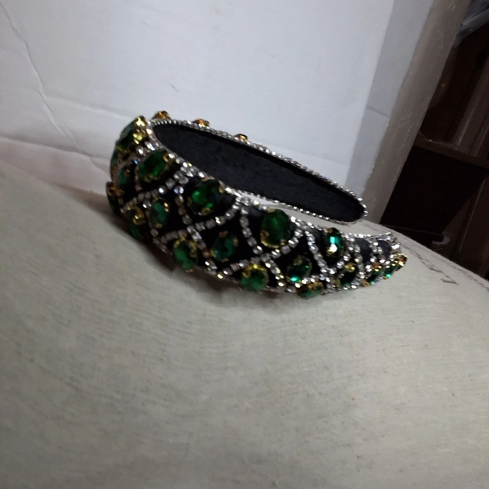 Set of 2 Jeweled Headbands Black Velvet Emerald Green Rhinestone Luxe Glam